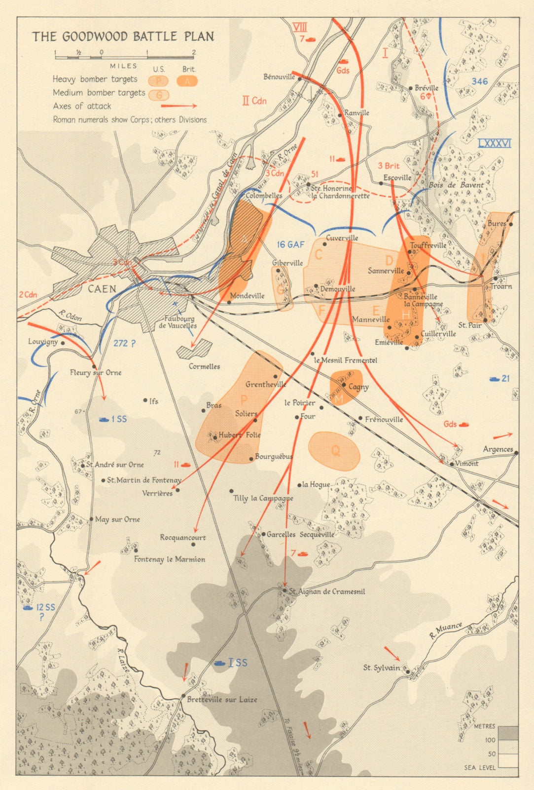 Operation Goodwood Battle Plan July 1944. Caen Normandy Overlord 1962 old map